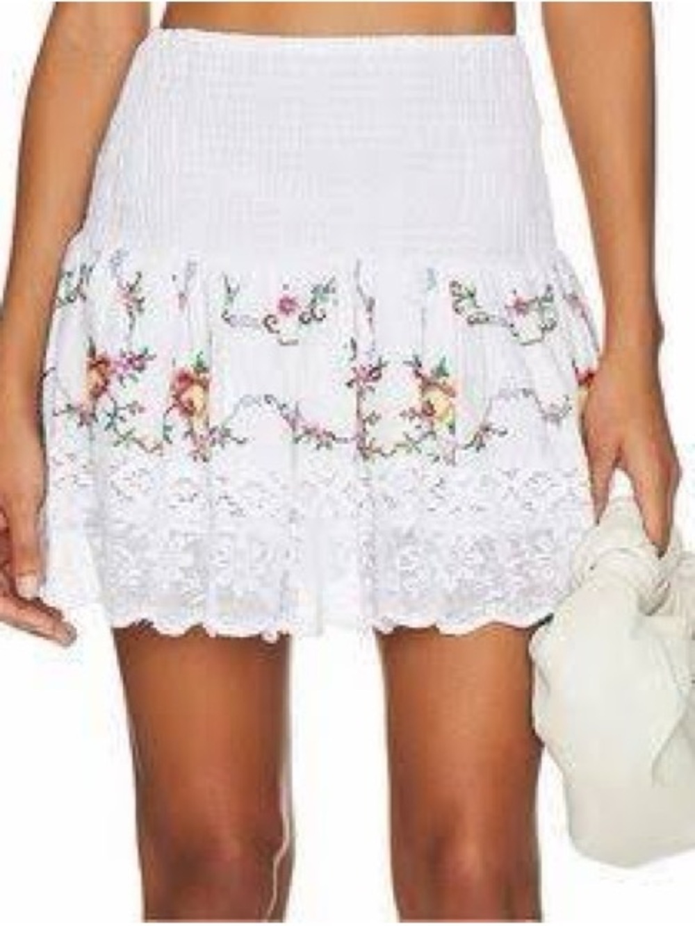 White Floral Embroidered Smocked Mini Skirt by